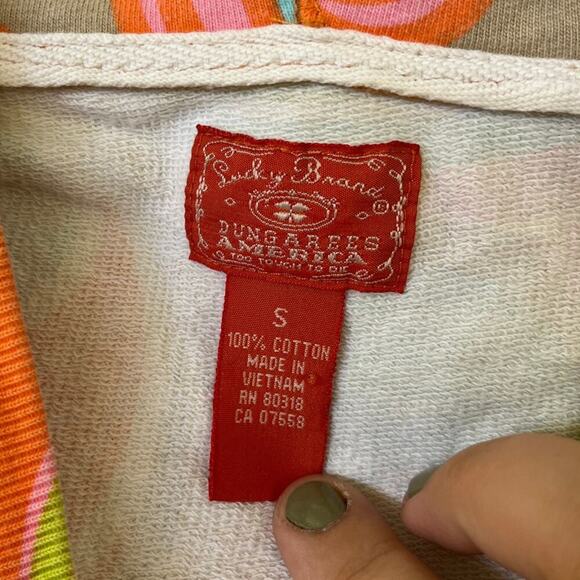 Lucky Brand y2k Bell Sleeve Hoodie Psychedelic Groovy Print VNeck sz S 70s - Picture 4 of 8